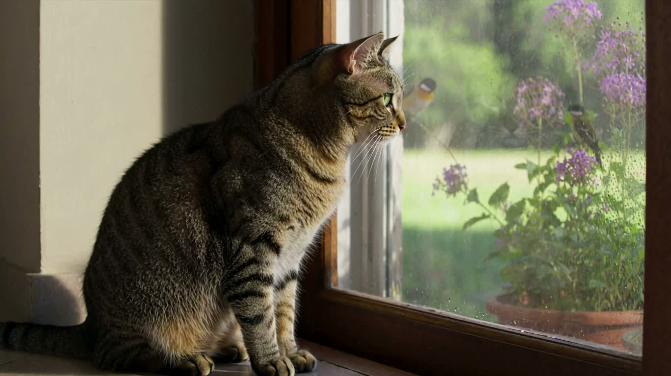 窗边观鸟后自我梳理的猫