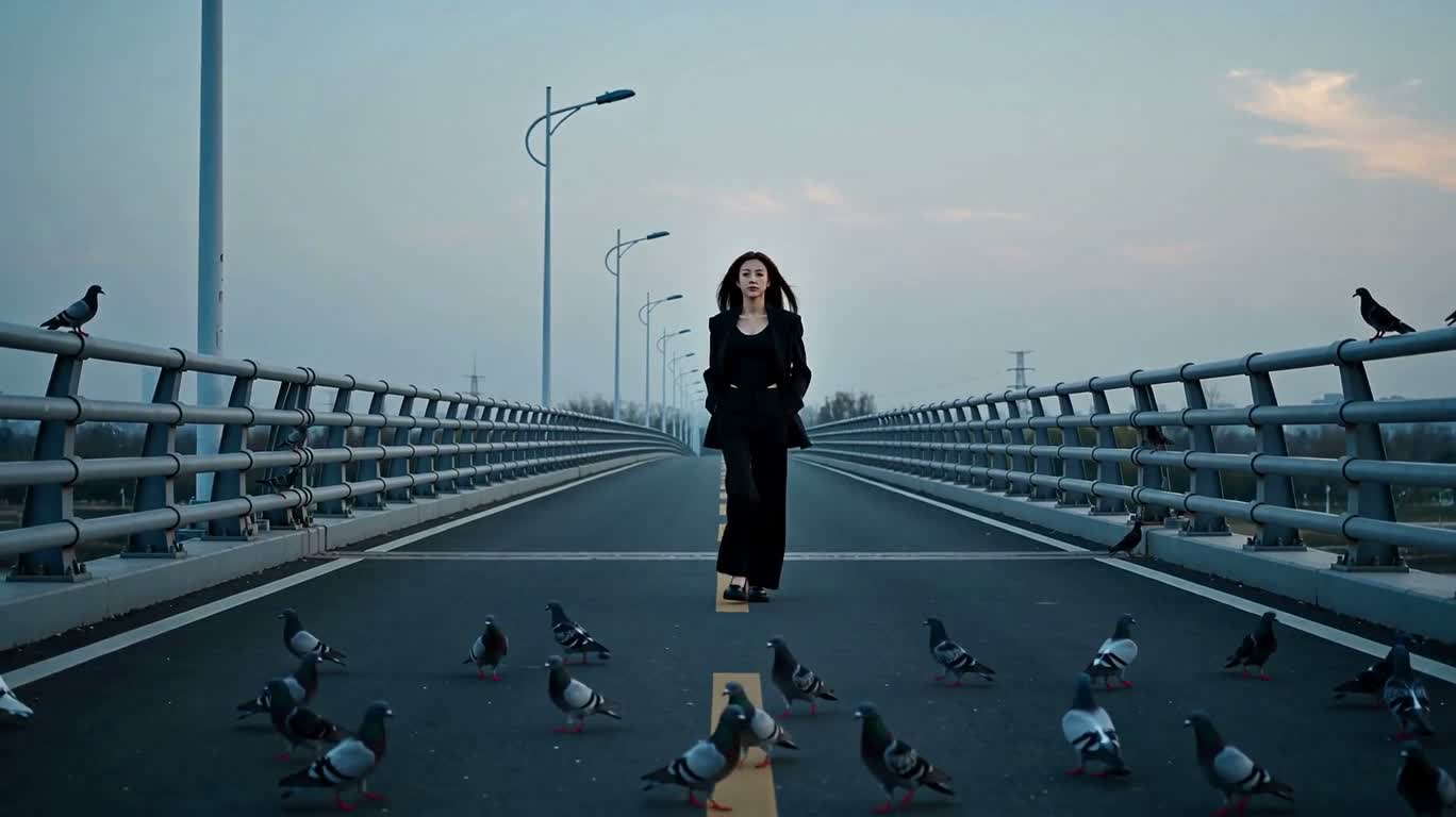 蓝调桥上鸽群飞舞 — AI video creation