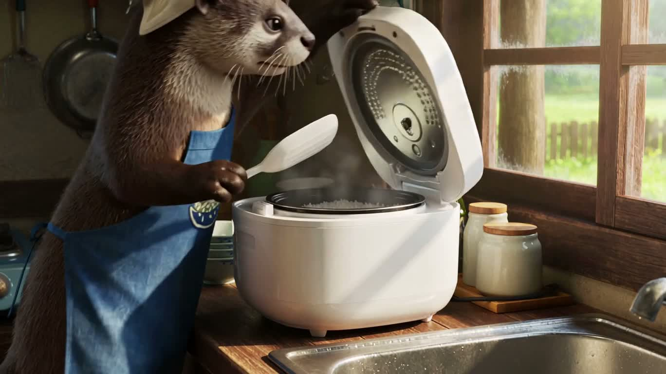 Otter Cooking in a Sunlit Kitchen