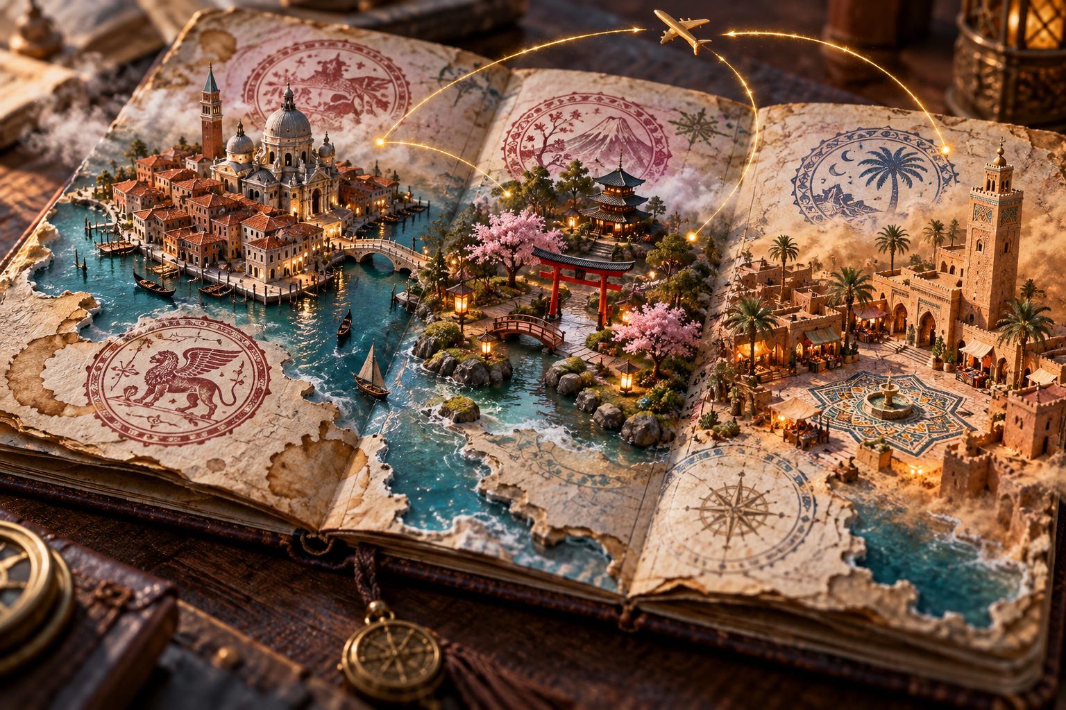 签证印章化作微缩旅行世界 — AI image creation