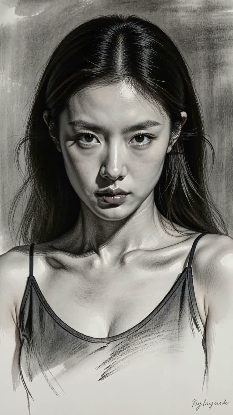 숯 캔버스 속 열정적인 여성 초상