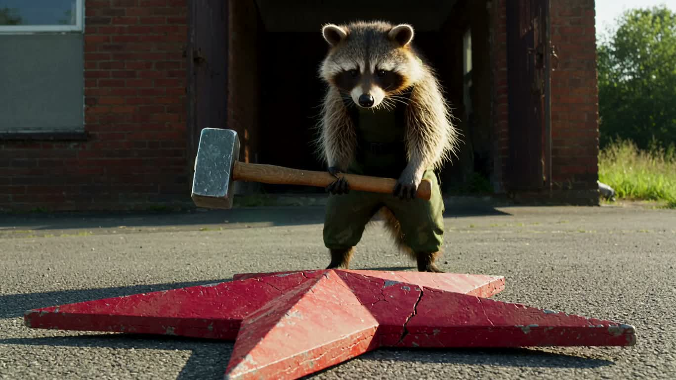 Raccoon Smashing a Red Star with a Heavy Hammer — AI video creation