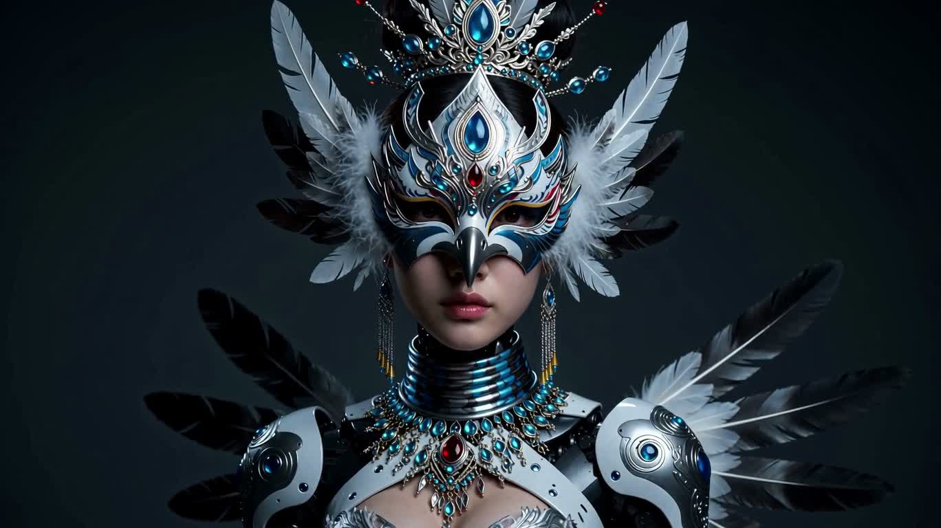 Nữ thần robot đeo mặt nạ có cánh — AI video creation