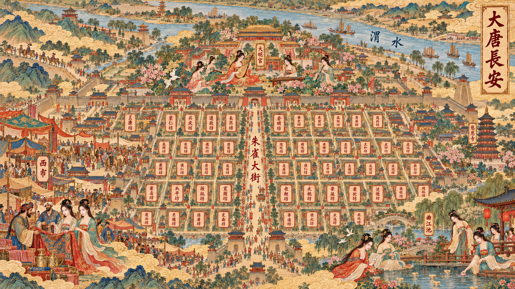 大唐长安·渭水与朱雀大街绢本长卷地图 — AI image creation