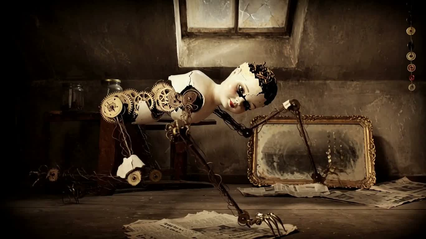 Marionnette araignée mécanique dans le grenier — AI video creation