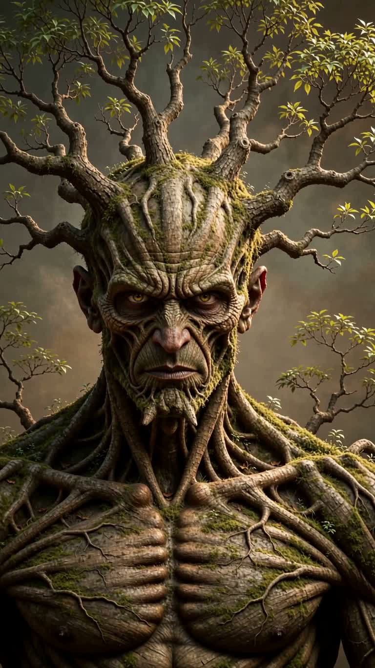 Portrait au fusain d'un homme-arbre — AI video creation