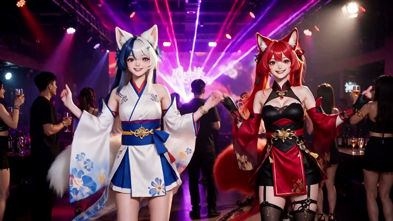 夜店狐耳少女律动共舞 — AI video creation