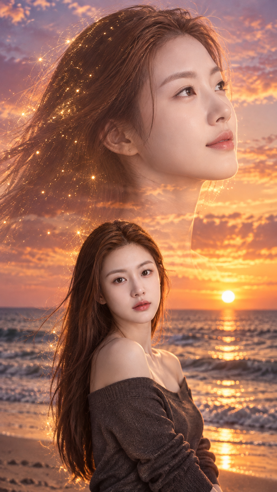 落日海滩电影感双重曝光肖像 — AI image creation