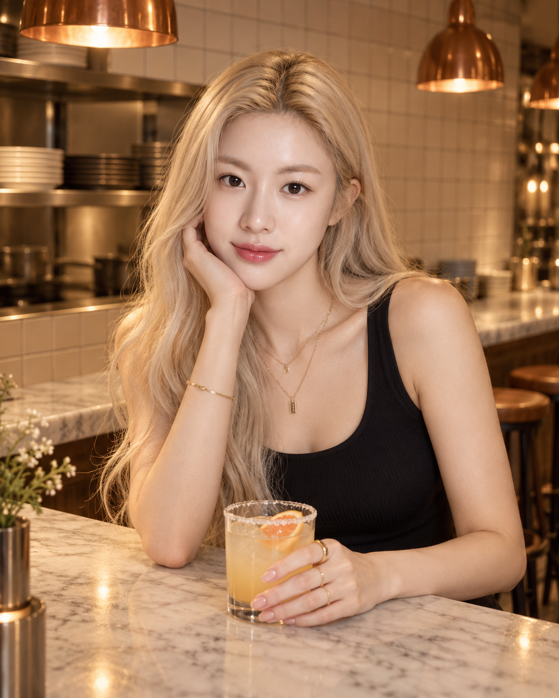 暖色铜灯餐厅吧台上的成年铂金发女性肖像 — AI image creation