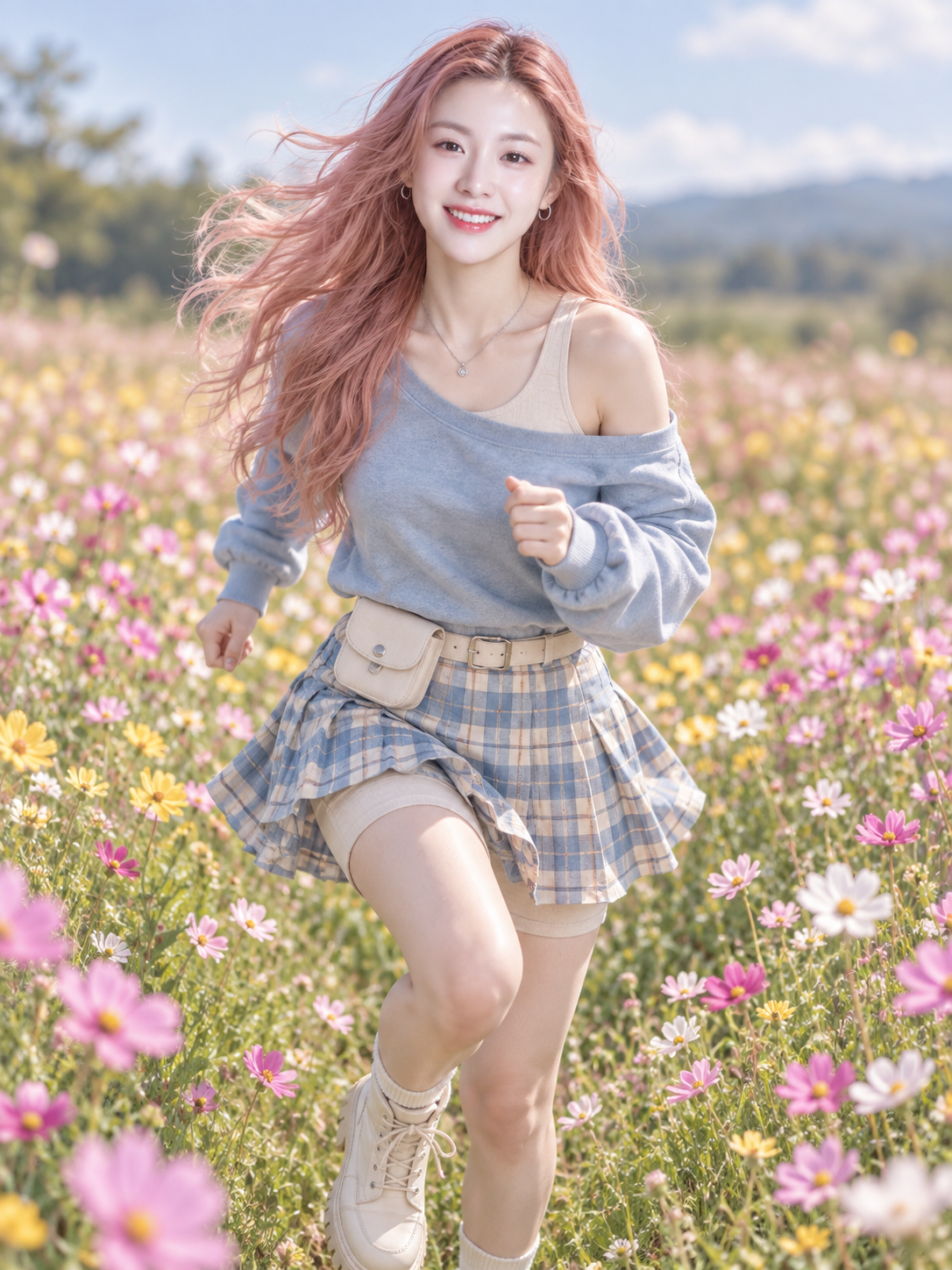 春日花海中奔跑的成年女性时尚人像 — AI image creation