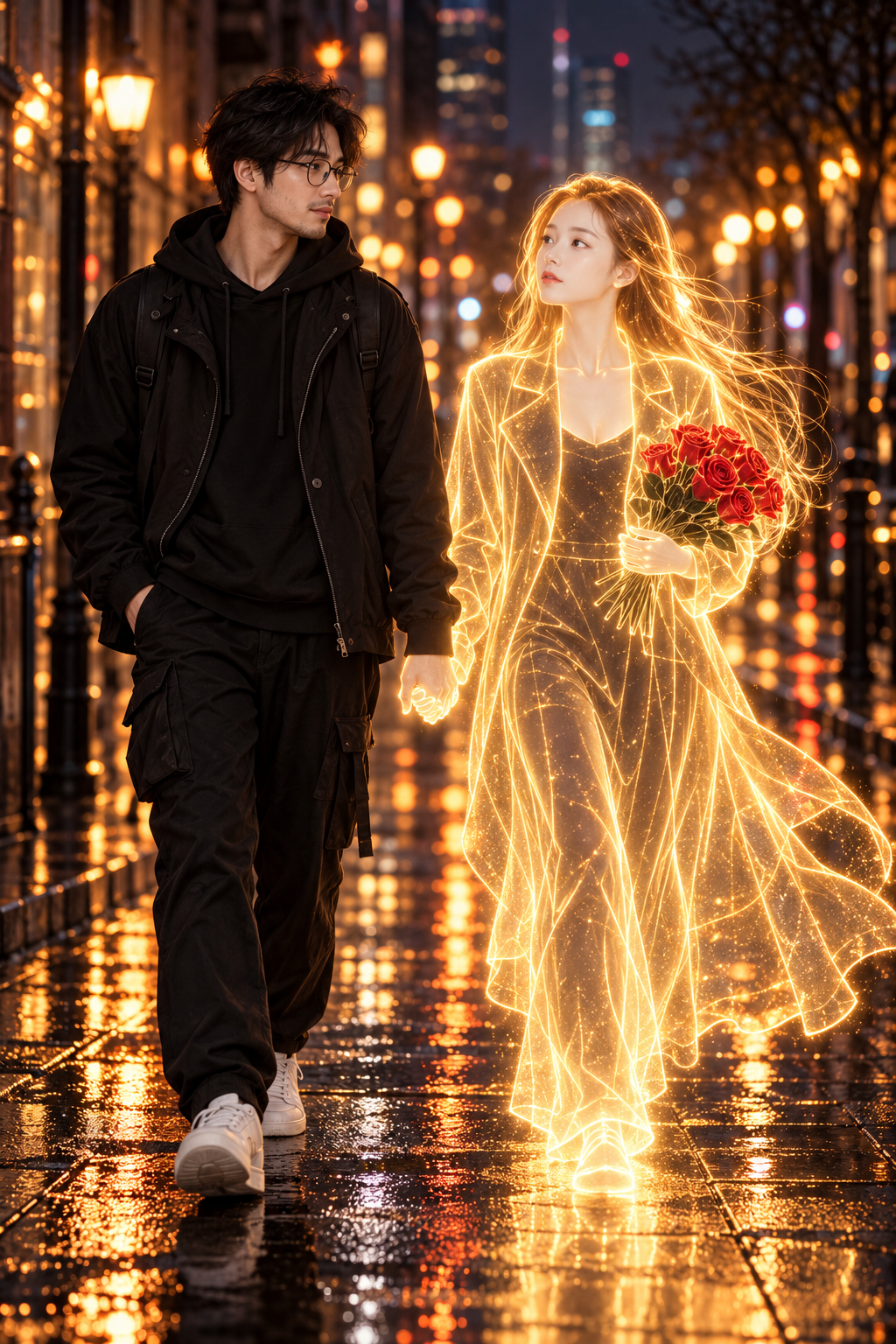 雨夜街头与金色全息玫瑰幻影同行 — AI image creation