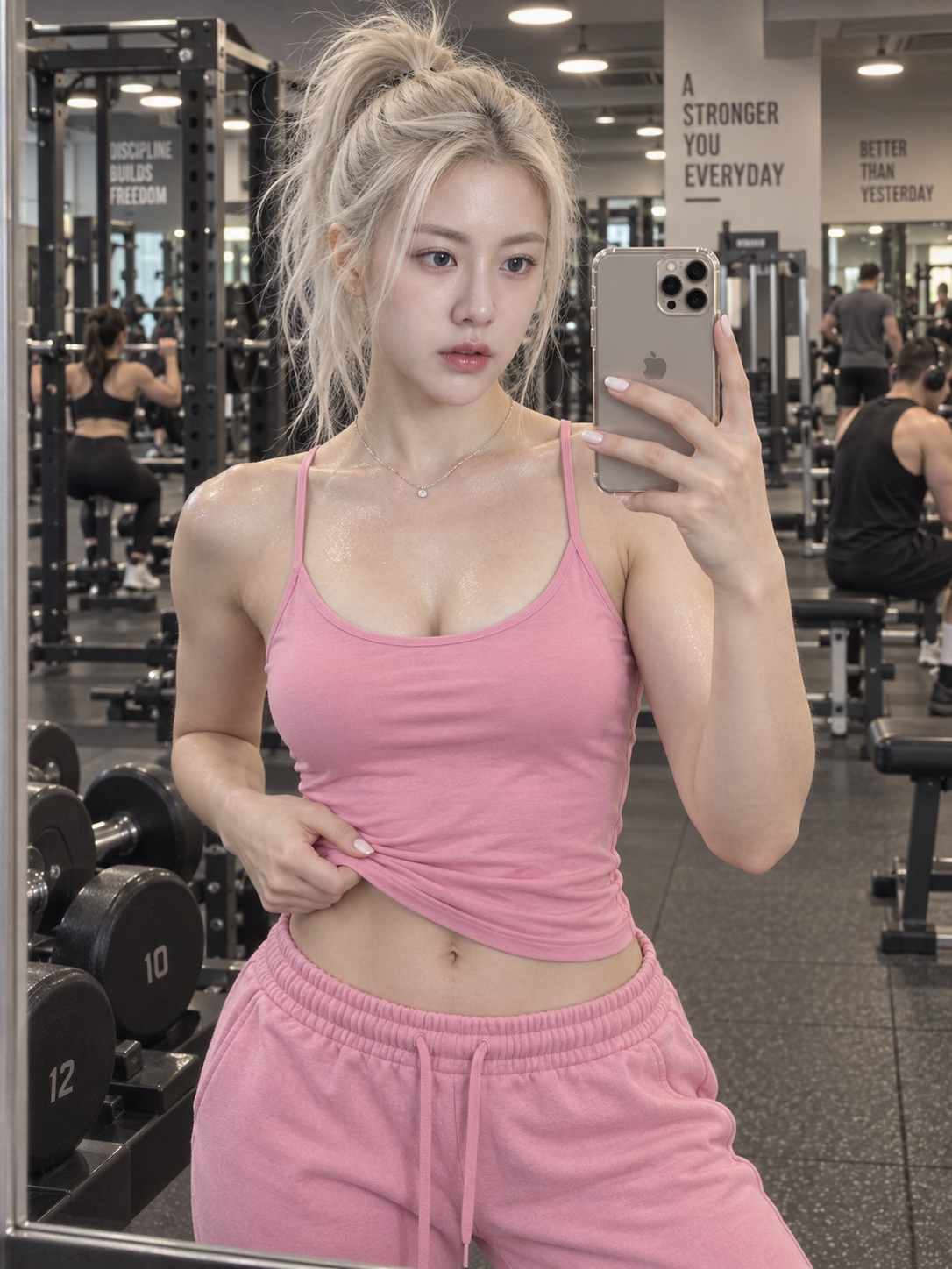 铂金发成年女子健身房对镜自拍 — AI image creation