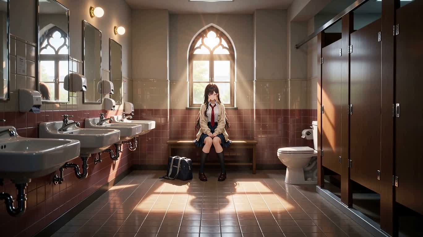 暖光校园浴室三联画 — AI video creation