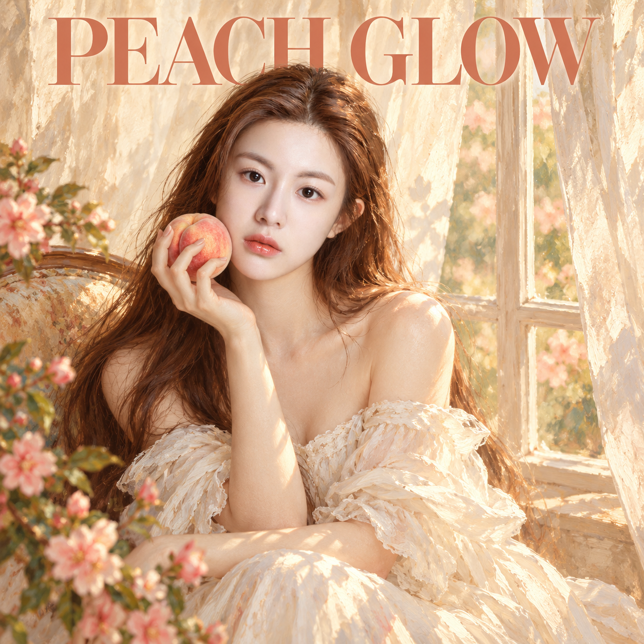 窗边持桃的成年女性油画封面 PEACH GLOW — AI image creation