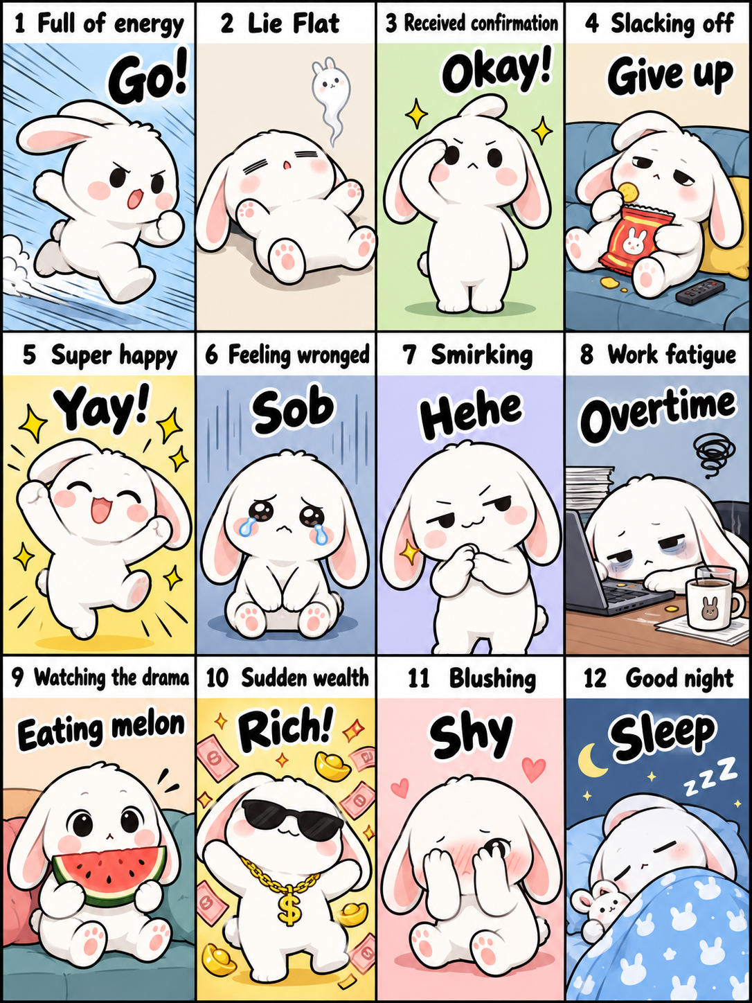 主角十二种百变情绪多格漫画 — AI image creation