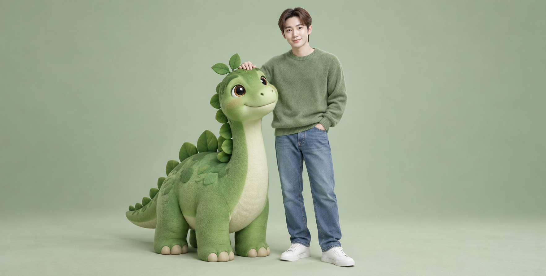 成年男子与绿色植物恐龙伙伴的摄影棚肖像 — AI image creation