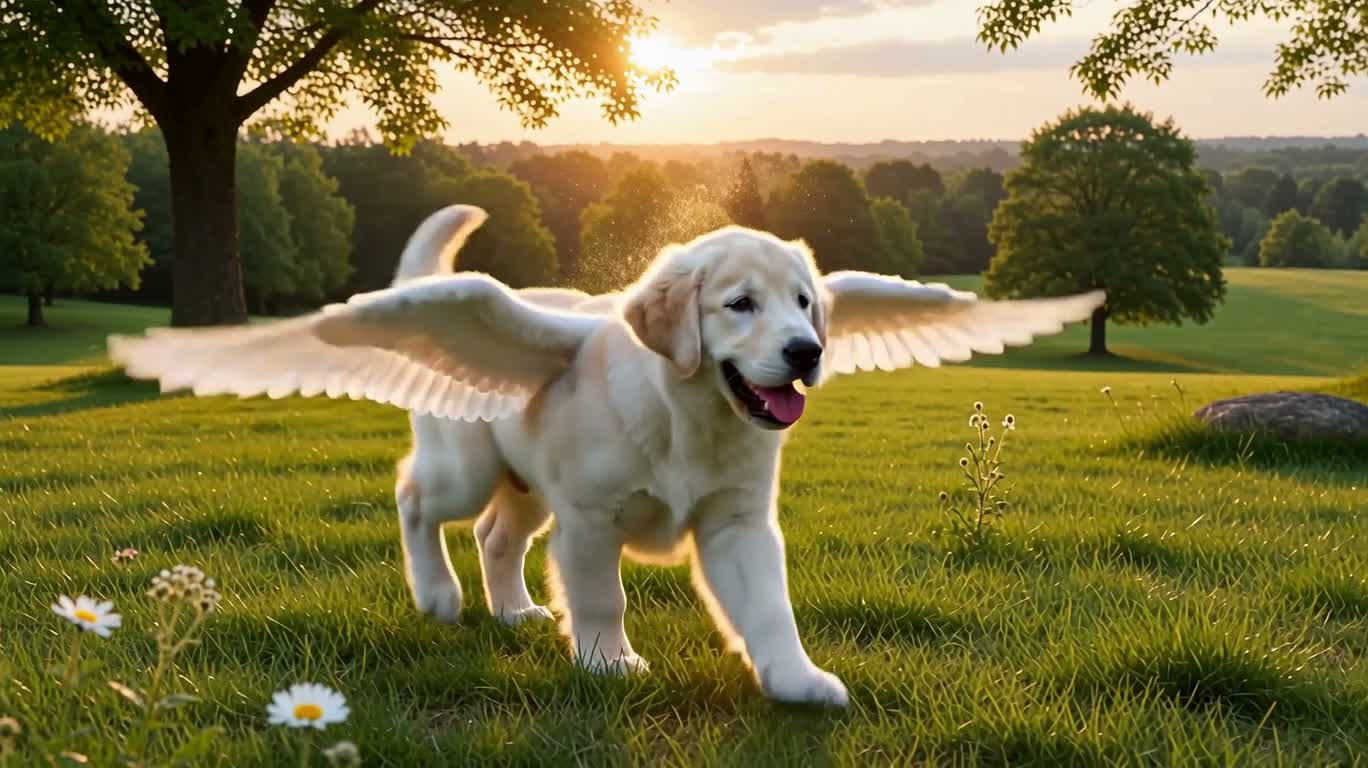 天使翼犬与幼虎嬉戏 — AI video creation