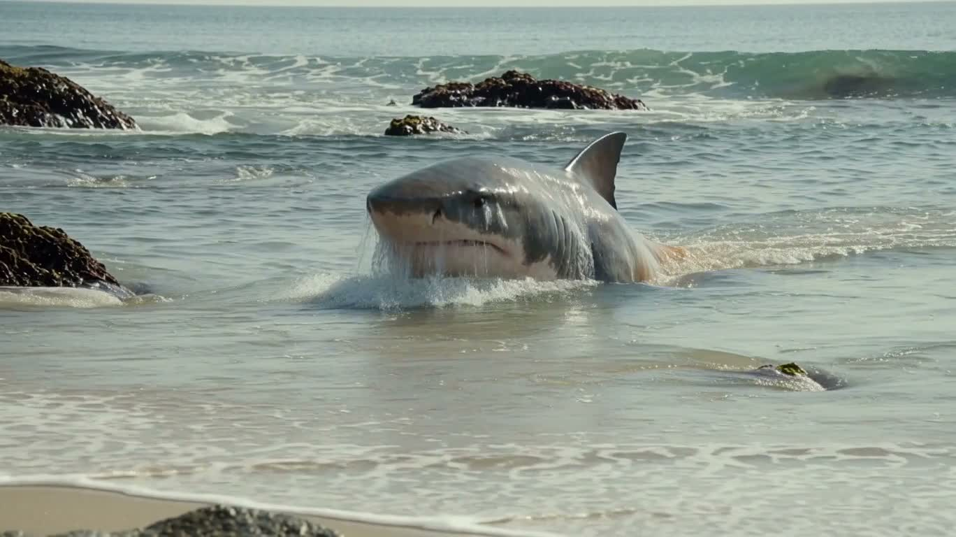 Le lion-shark amphibie patrouille le rivage — AI video creation