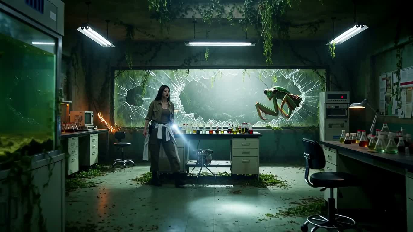 丛林实验室的巨型螳螂袭击 — AI video creation