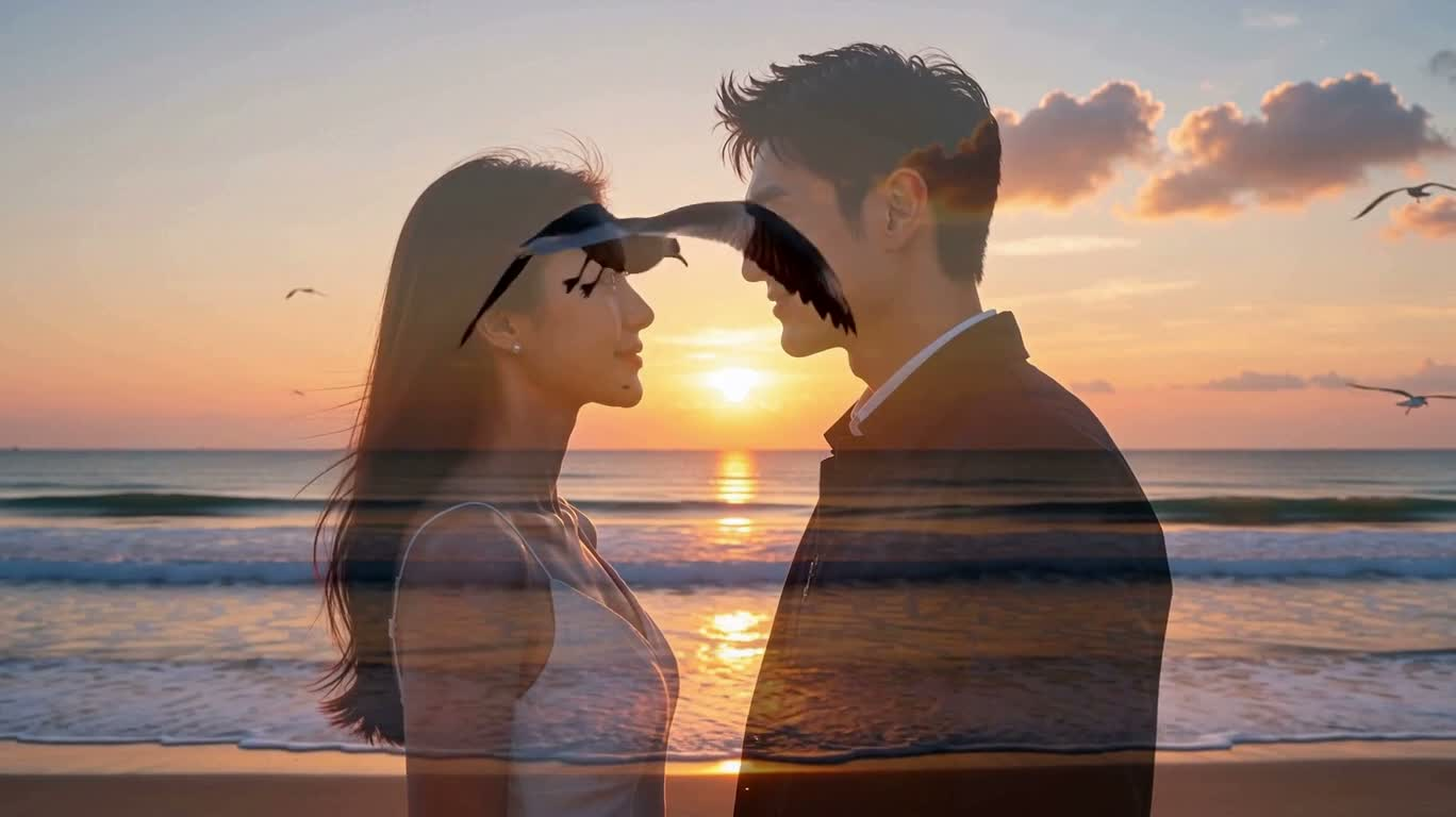 夕暮れの海岸に寄り添う二つの影 — AI video creation