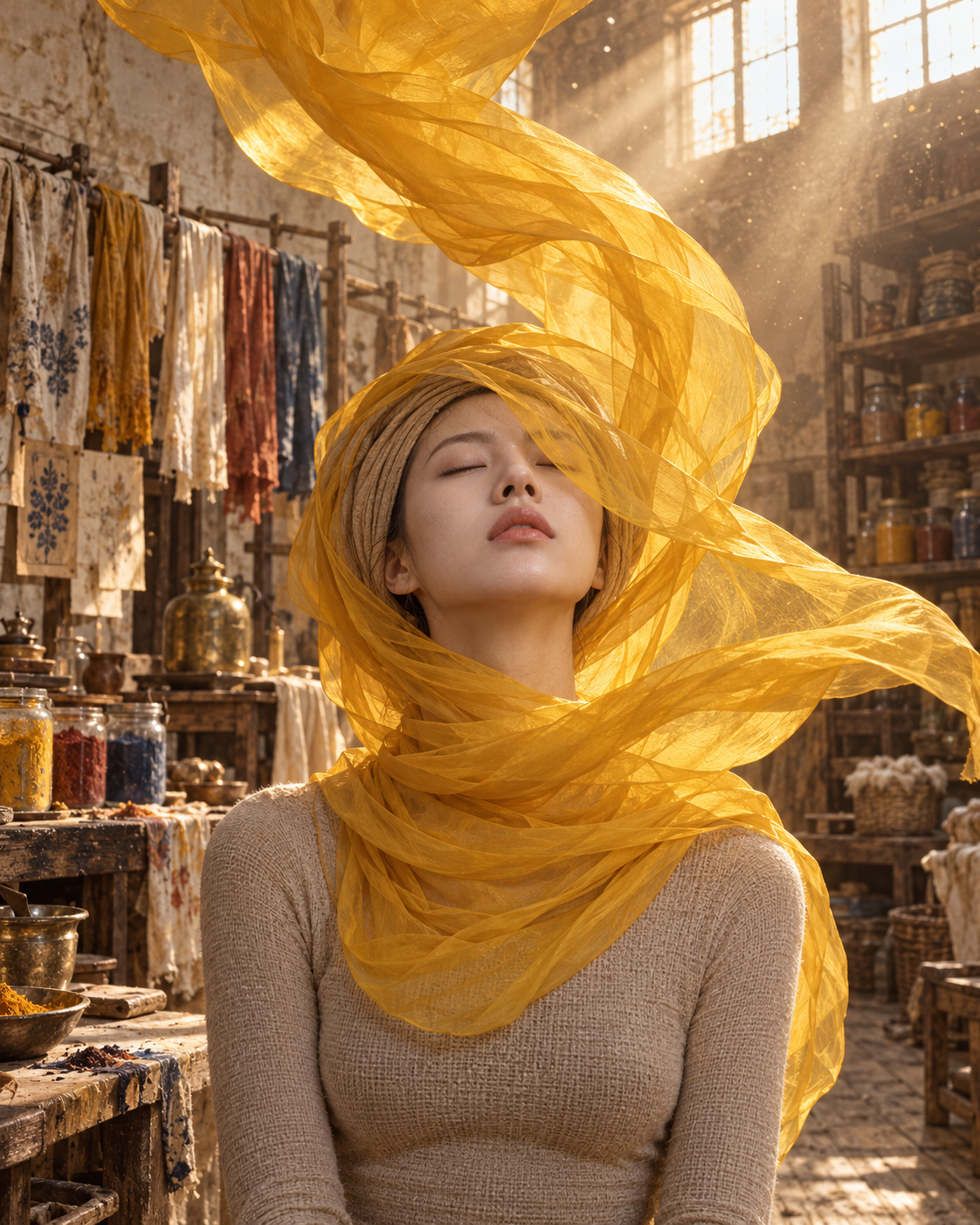 明黄丝绸风暴里的静谧成人肖像 — AI image creation