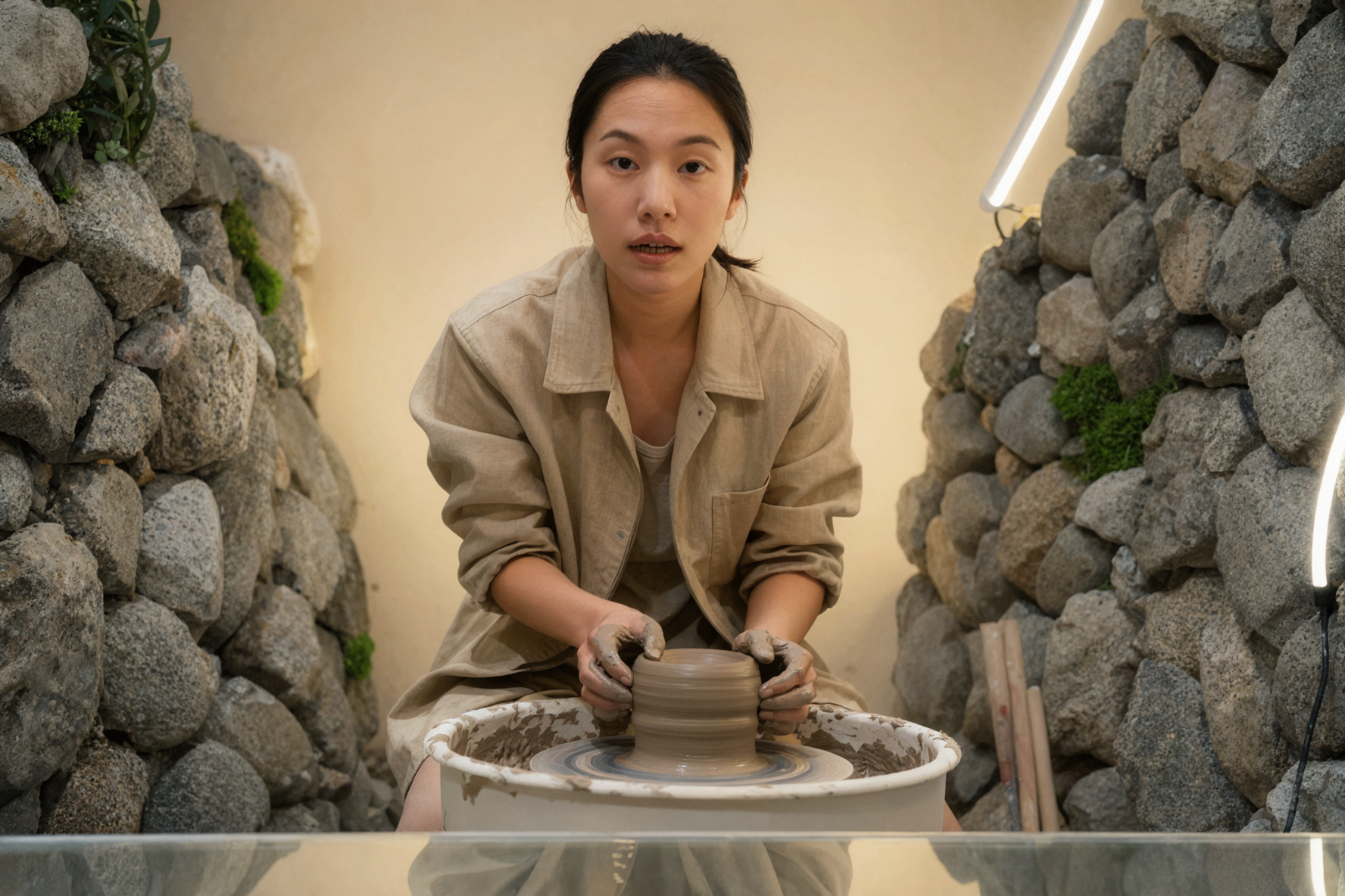 大人の東アジア人女性陶芸家・回るろくろ・環状逆光
