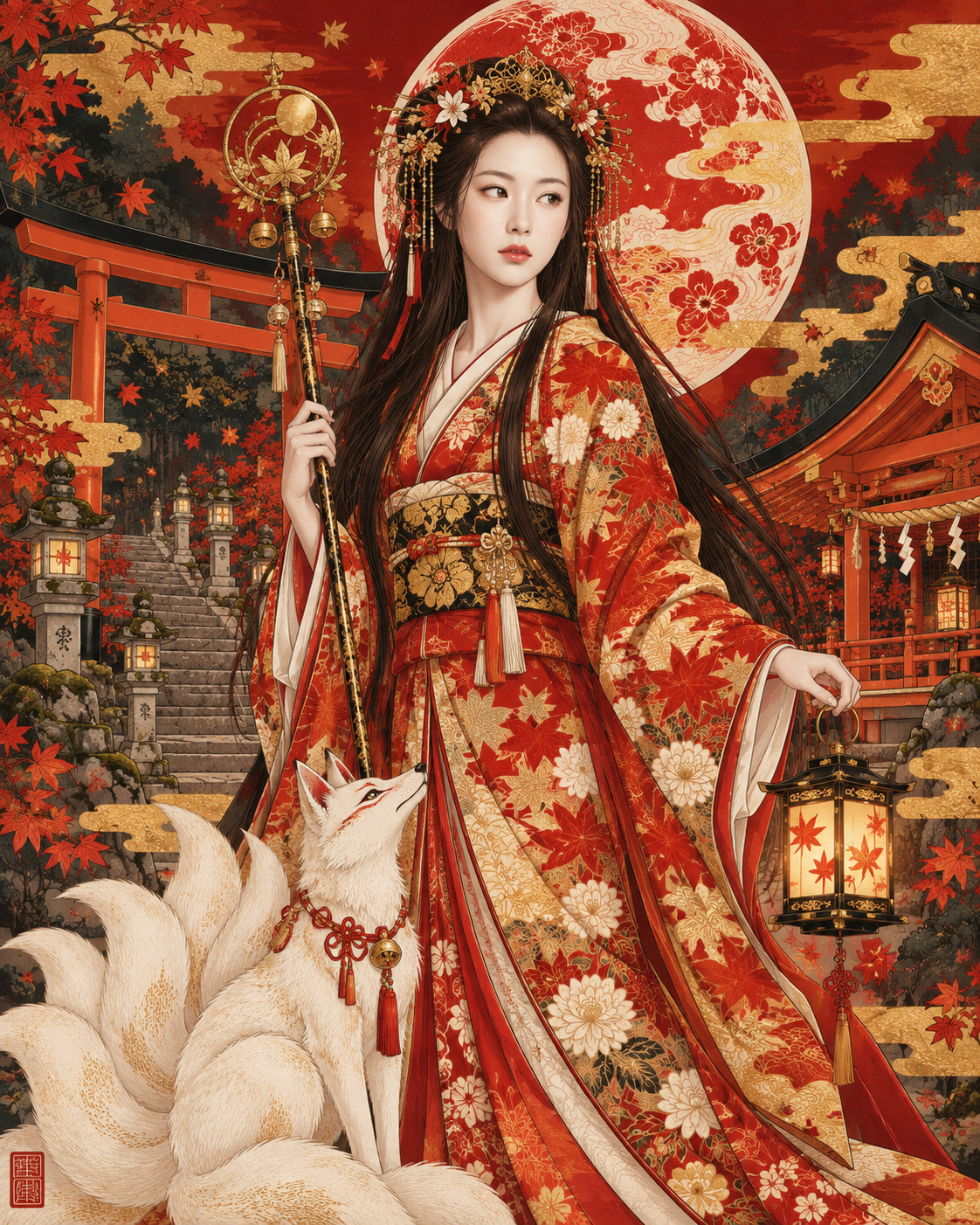 红金浮世绘和服女性与白色九尾狐 — AI image creation