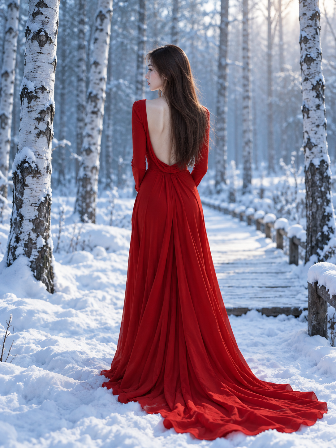 冰雪白桦林中的红裙背影 — AI image creation