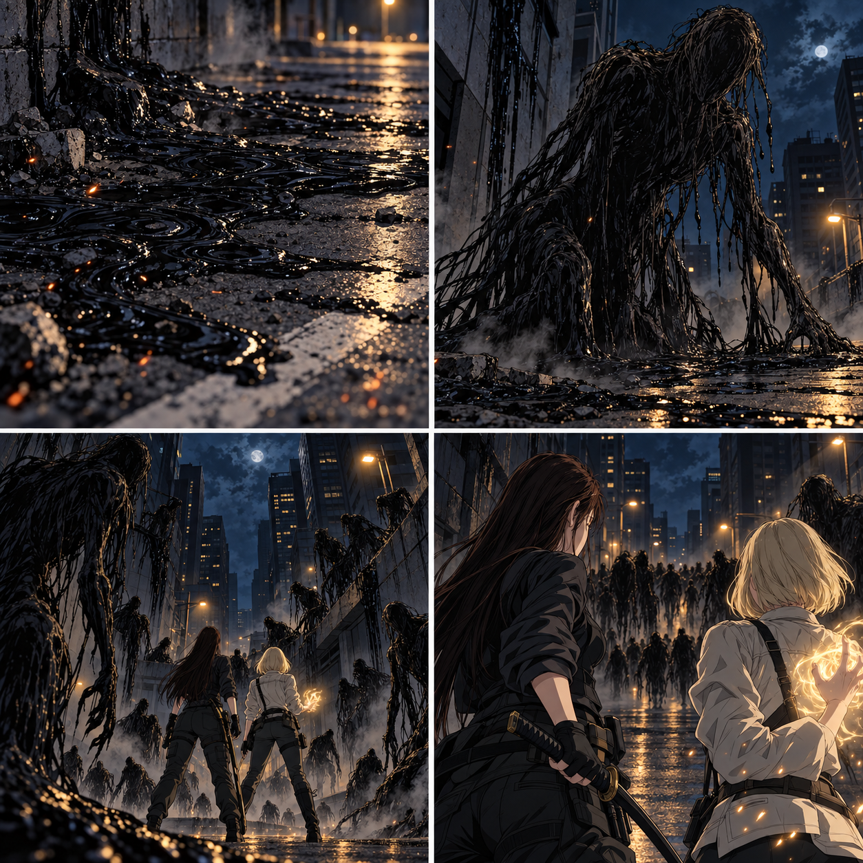 深夜都市黑液异物:成年搭档激战前夕四格分镜 — AI image creation