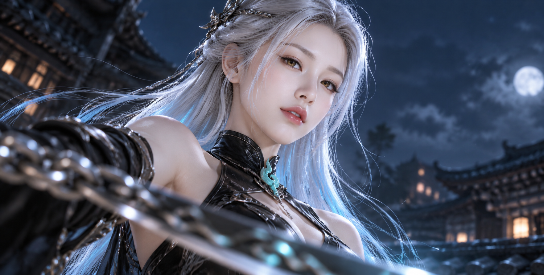 冰蓝挑染银发游戏角色夜台侧脸 — AI image creation