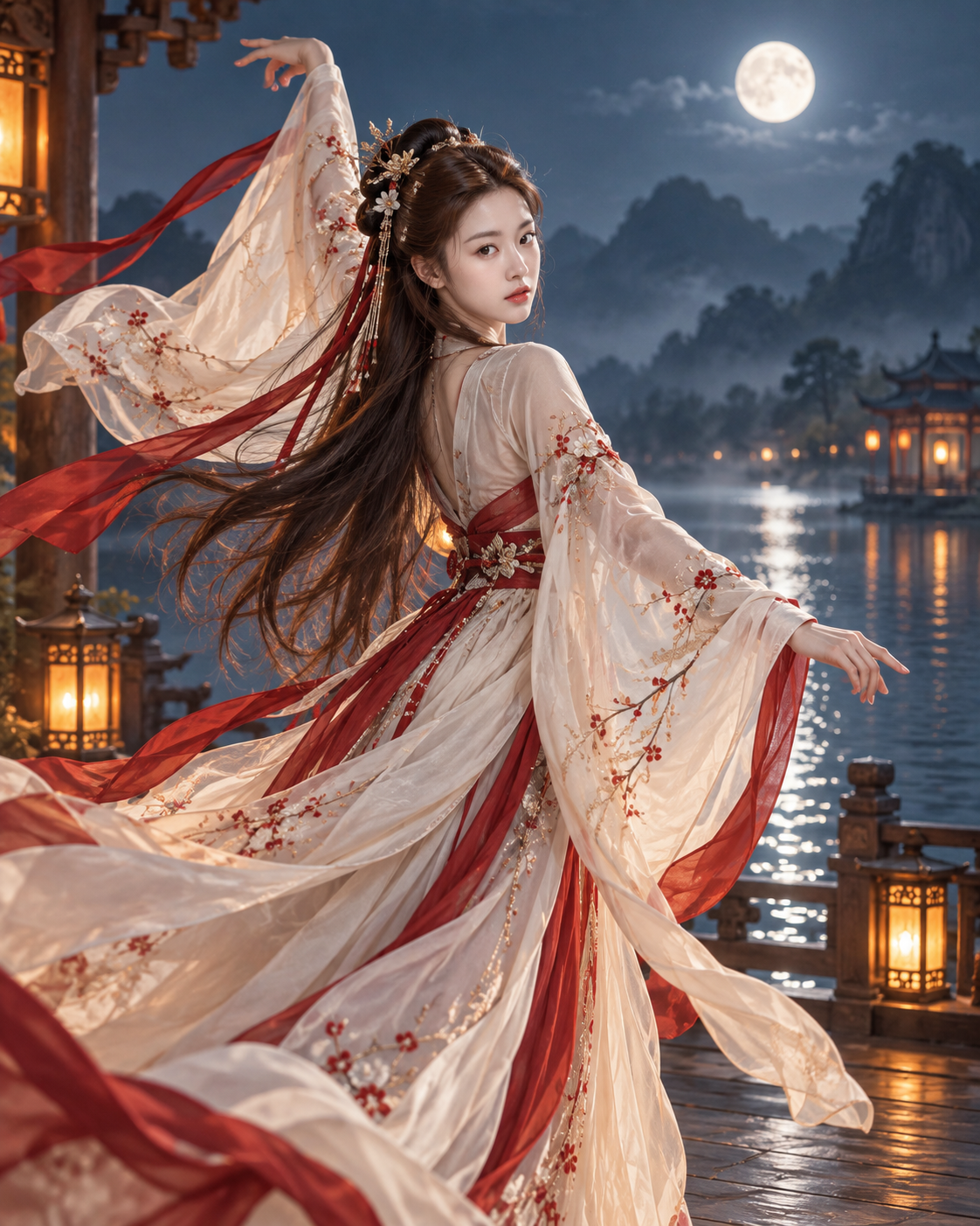 月色水岸的国风成年舞者回眸起势 — AI image creation