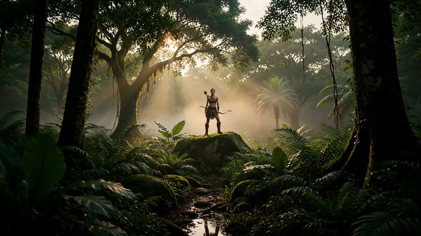 Guerrière amazone dans la jungle brumeuse — AI video creation