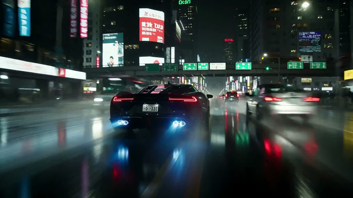 雨夜霓虹街头：跑车变形机甲大战巨兽 — AI video creation