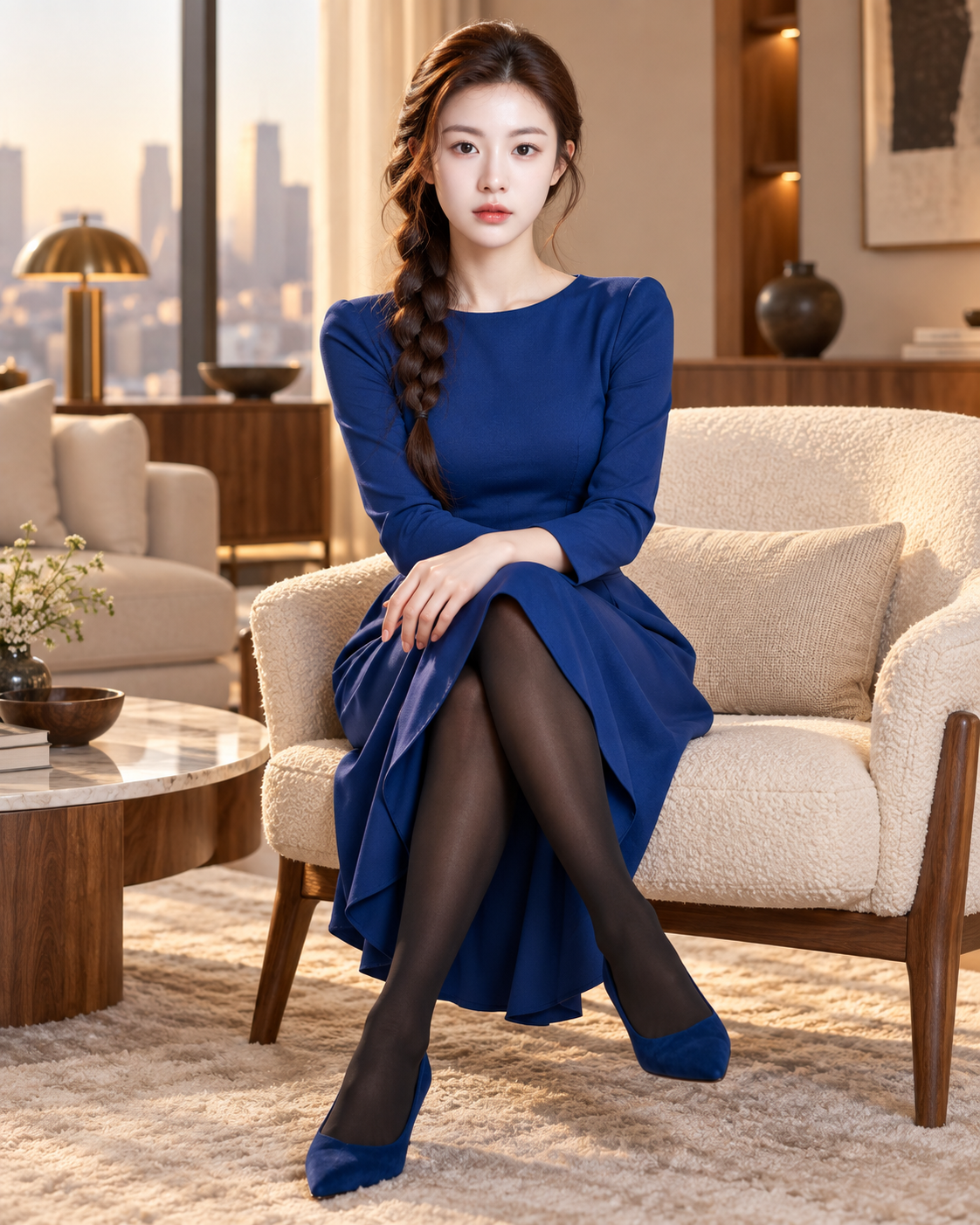 现代顶层公寓中的宝蓝色优雅女性 — AI image creation