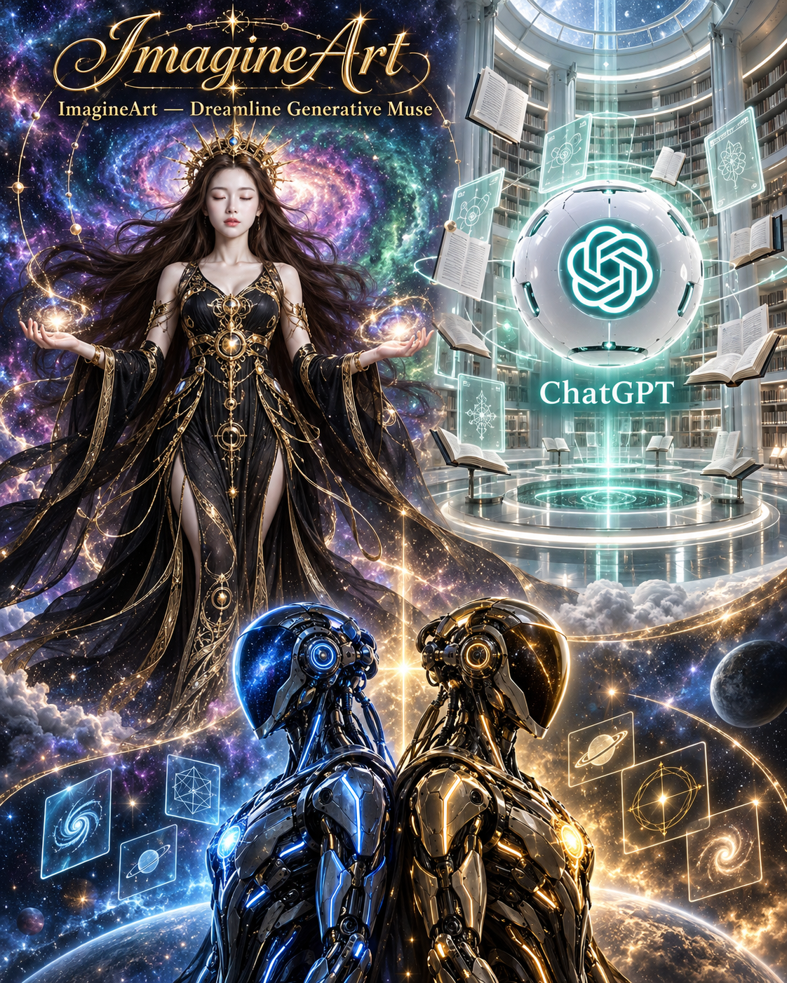 黑金女神与未来知识宇宙三联概念海报 — AI image creation