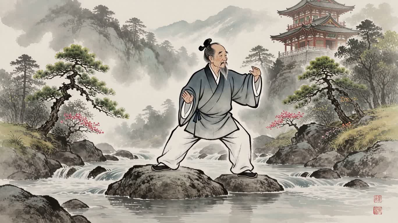 渓流の岩の上で朝の太極拳