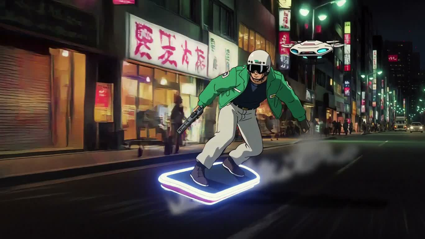 霓虹都市滑板快递员 — AI video creation