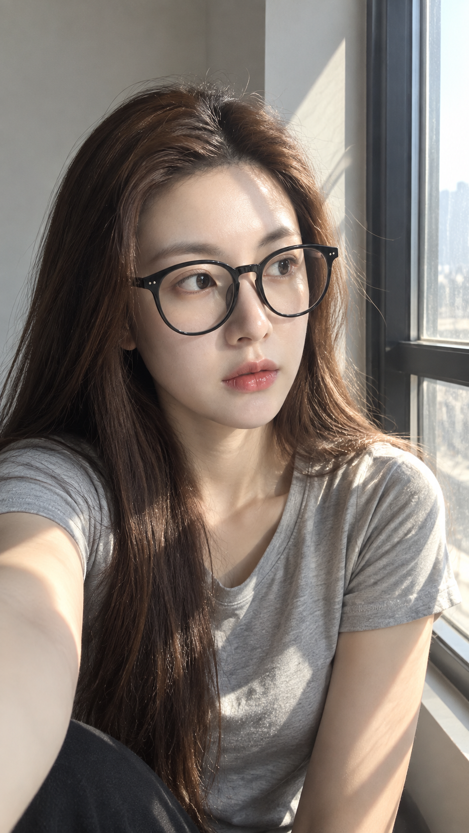 窗边自然光女性手机自拍写实人像 — AI image creation