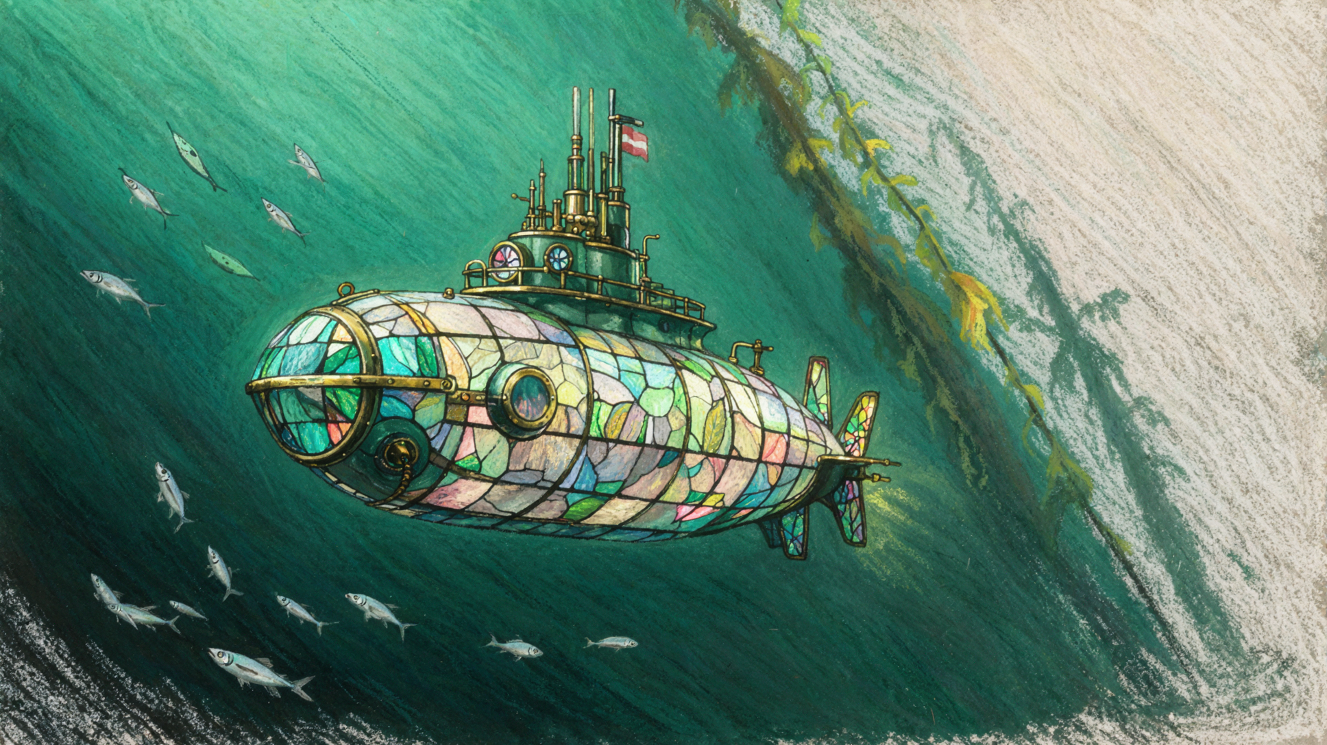 ステンドグラスの潜水艦 · パステルクレヨン