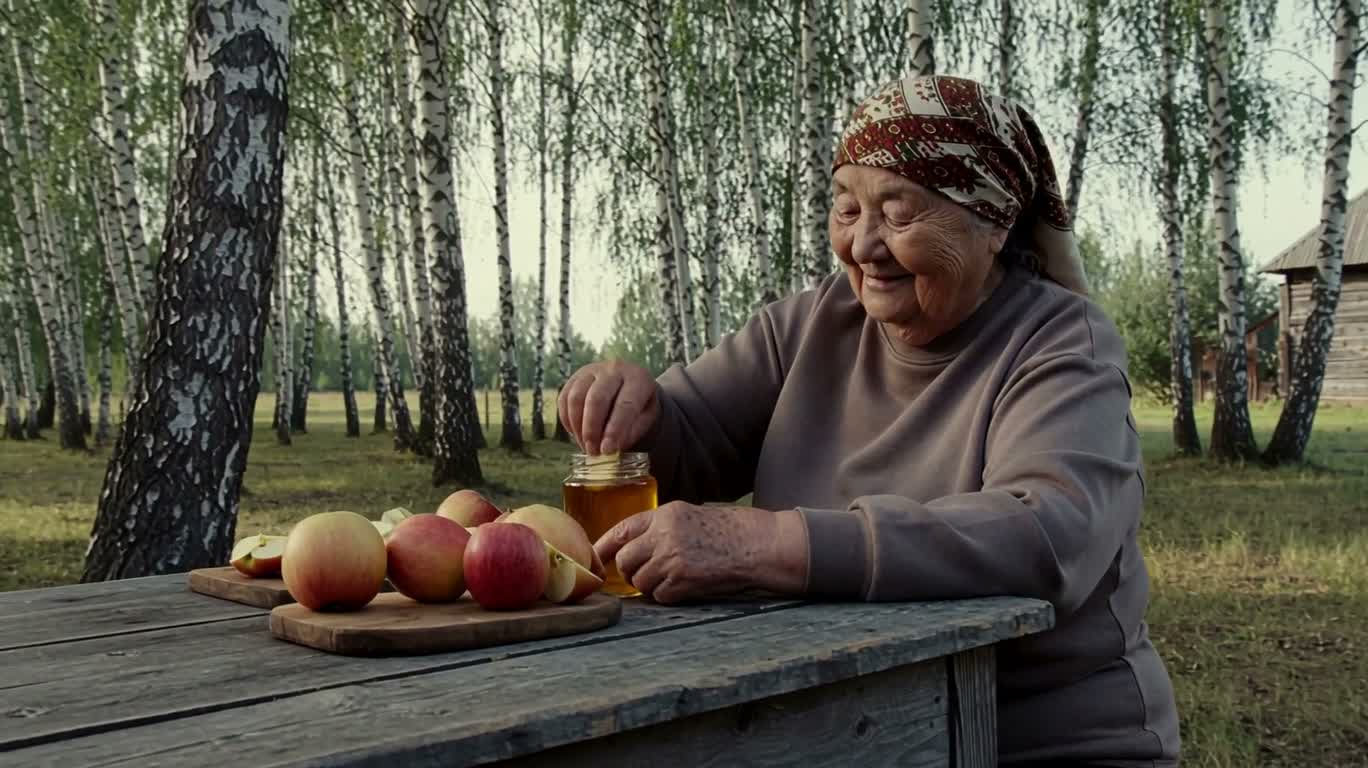 白桦林旁的蜂蜜苹果 — AI video creation