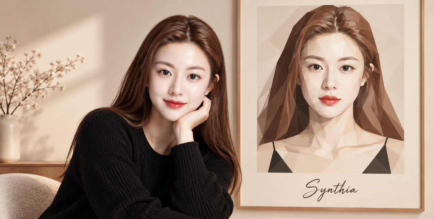 米色影棚中的低多边形自画像 — AI image creation