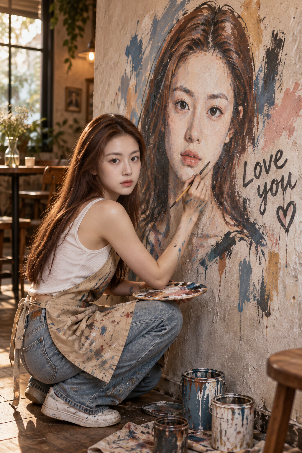 咖啡馆创作大型壁画的写实社论肖像 — AI image creation