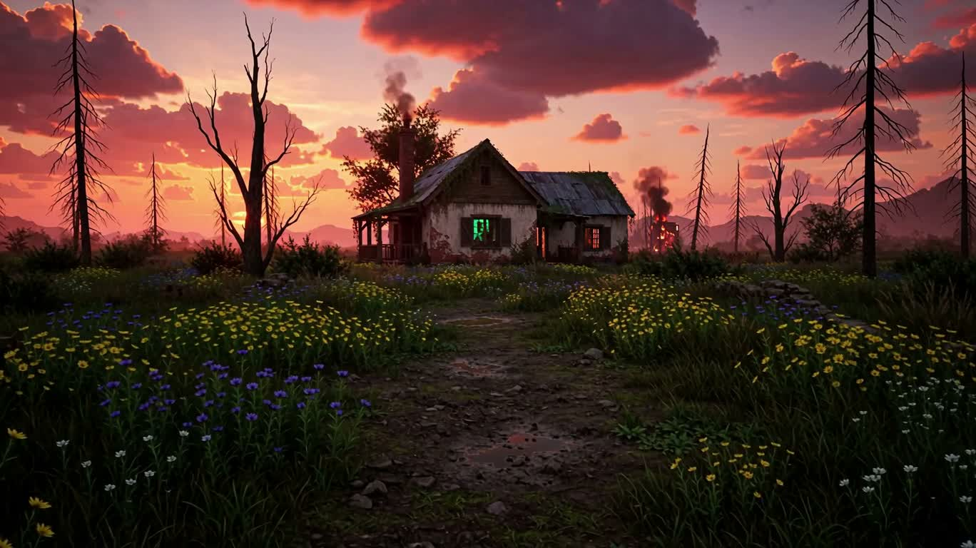 Cabane abandonnée dans la lumière de l'aube apocalyptique — AI video creation
