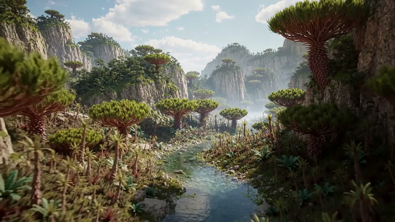 Sanctuaire extraterrestre : falaise d'eau luxuriante — AI video creation