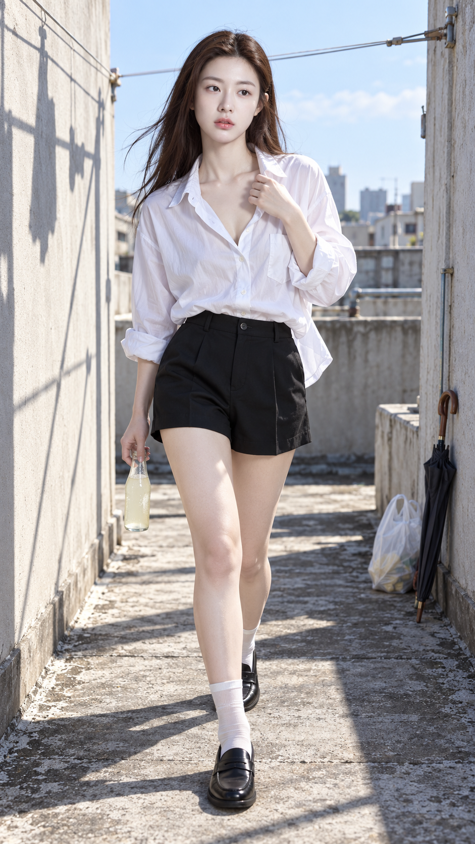屋顶走廊白衬衫成人女性清新街拍 — AI image creation