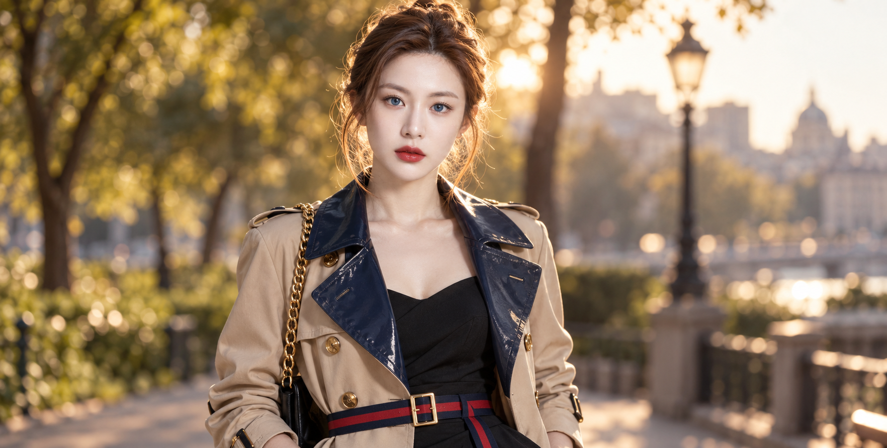 蓝眸红唇风衣女的顶级杂志大片 — AI image creation