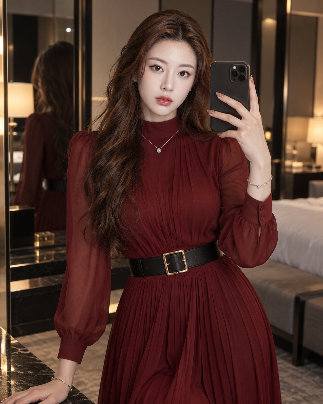 奢华酒店内身着酒红礼服的自信自拍 — AI image creation