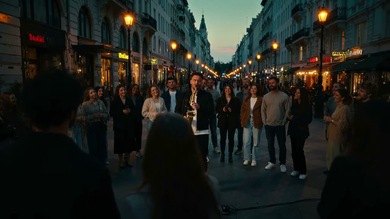Biểu diễn saxophone đường phố lúc hoàng hôn — AI video creation