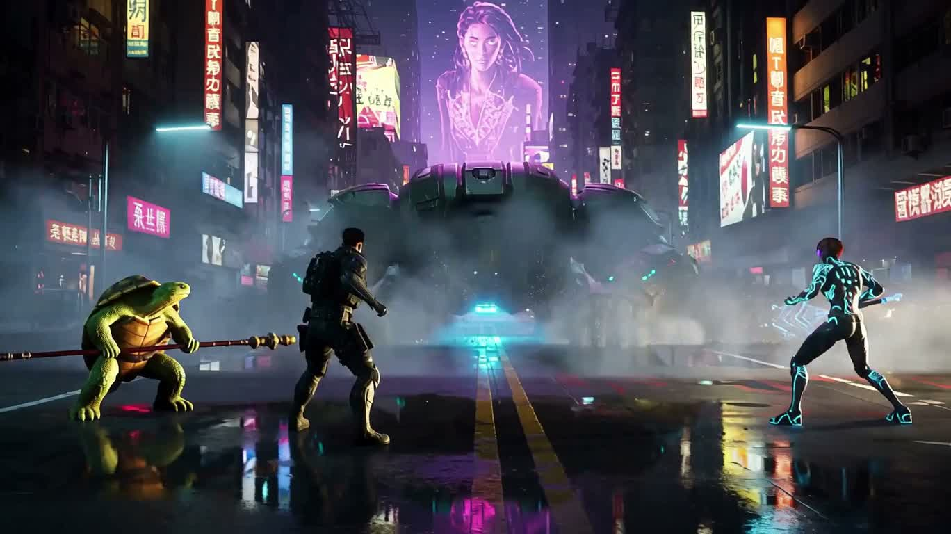 霓虹赛博都市四方激战 — AI video creation