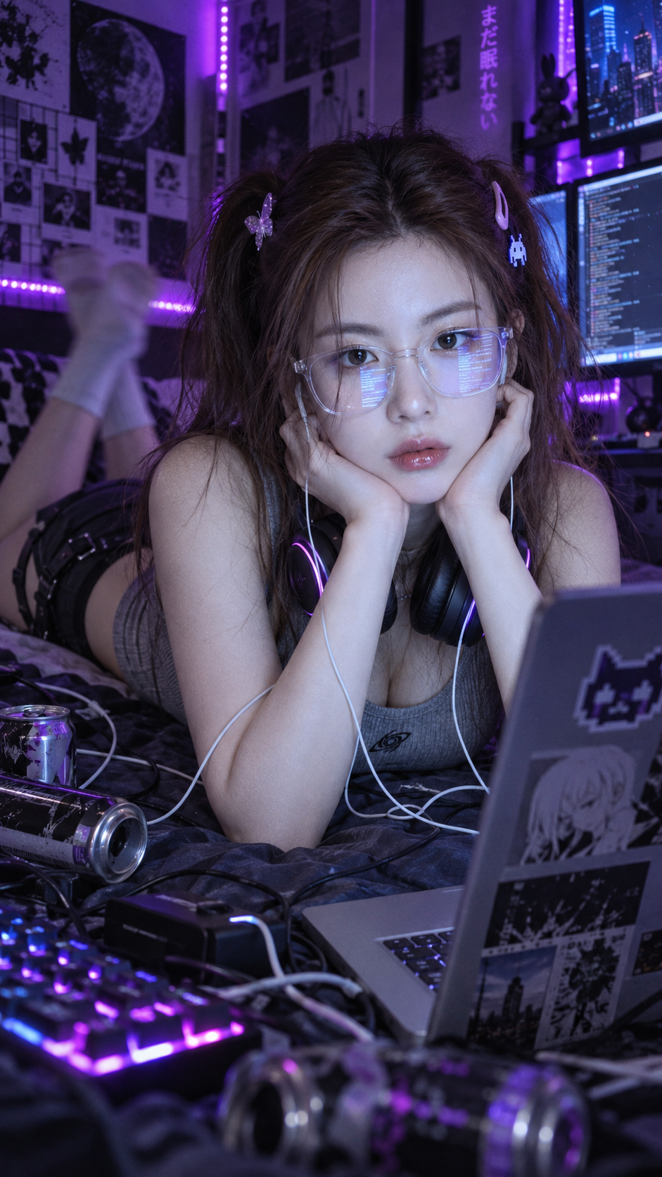冷蓝屏幕下的忧郁电竞少女 — AI image creation